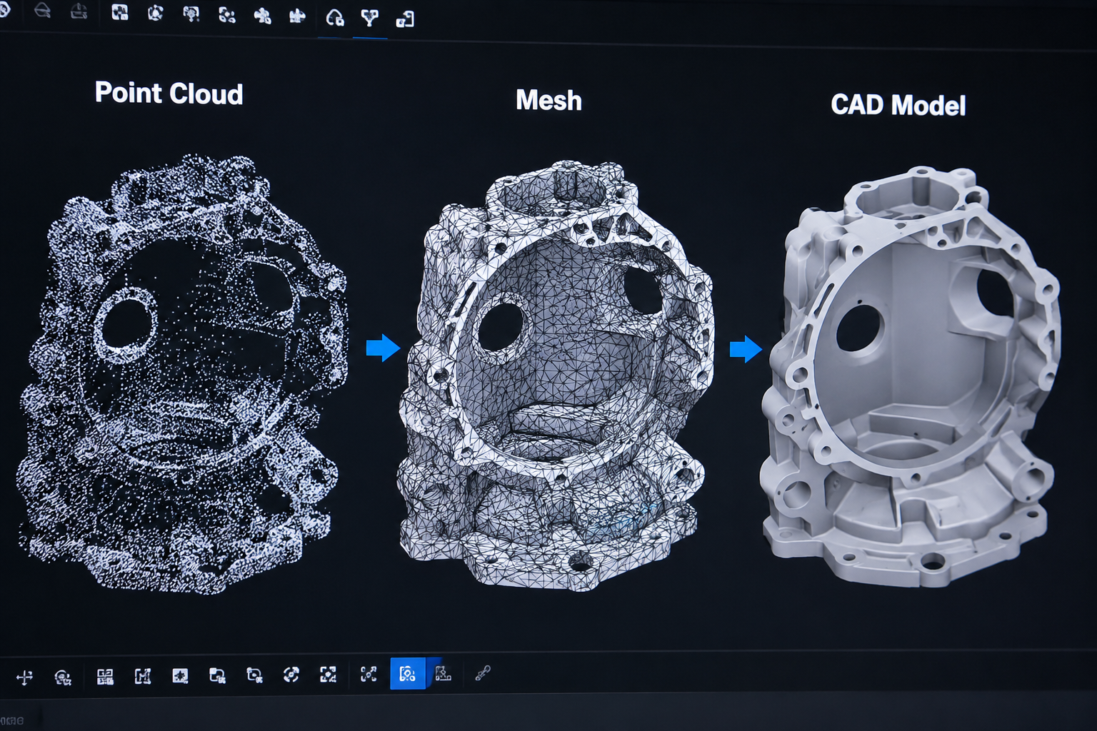 Drei Stufen des Reverse Engineerings: Punktwolke, Mesh und fertiges CAD-Modell im Vergleich