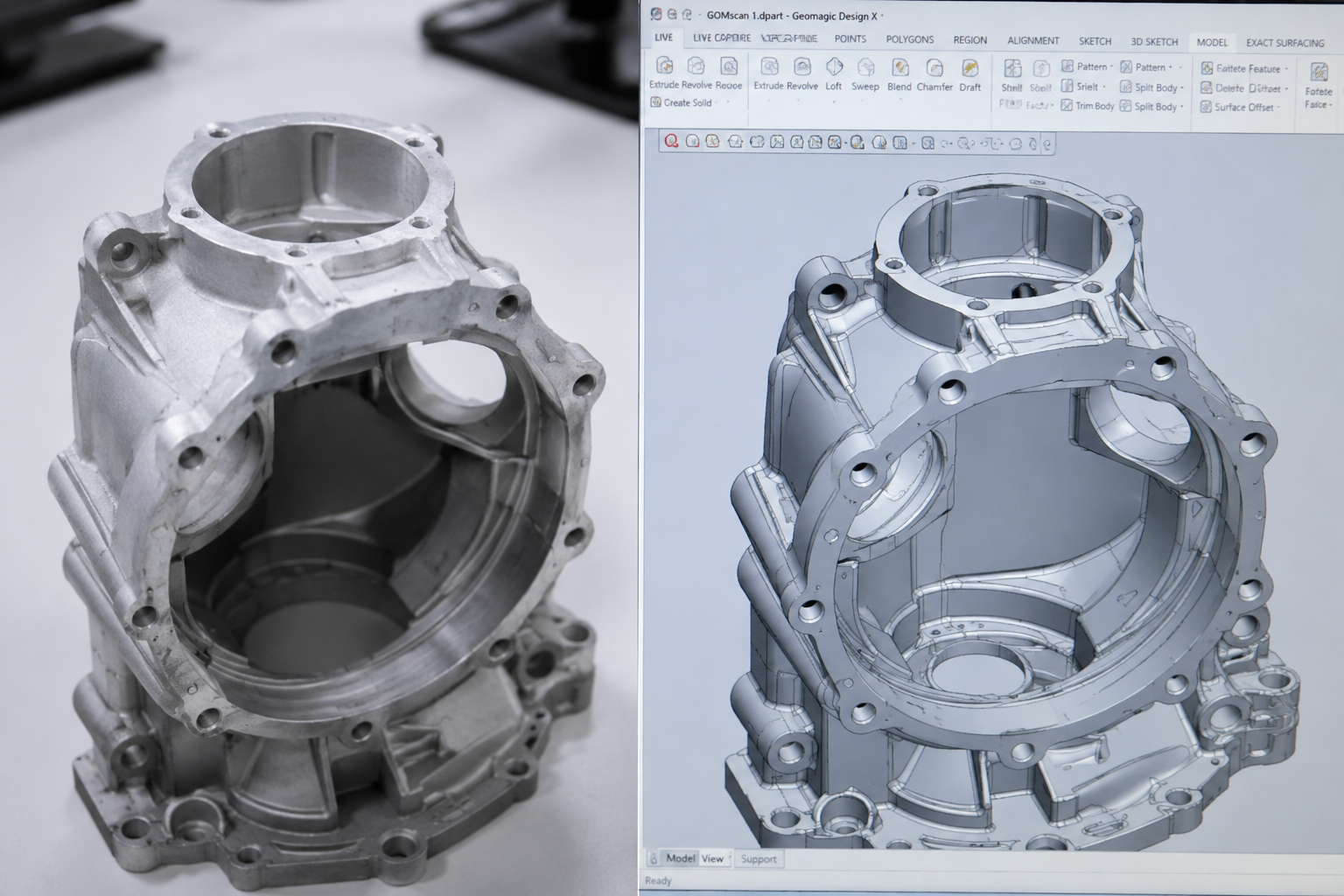 Vergleich: Originalbauteil aus Aluminium links und das daraus rekonstruierte CAD-Modell rechts